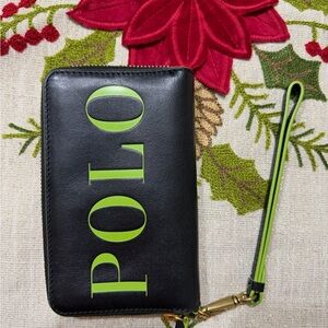 Vintage Polo Bifold Wallet Wristlet Purse Black Neon Green Size 6x4"